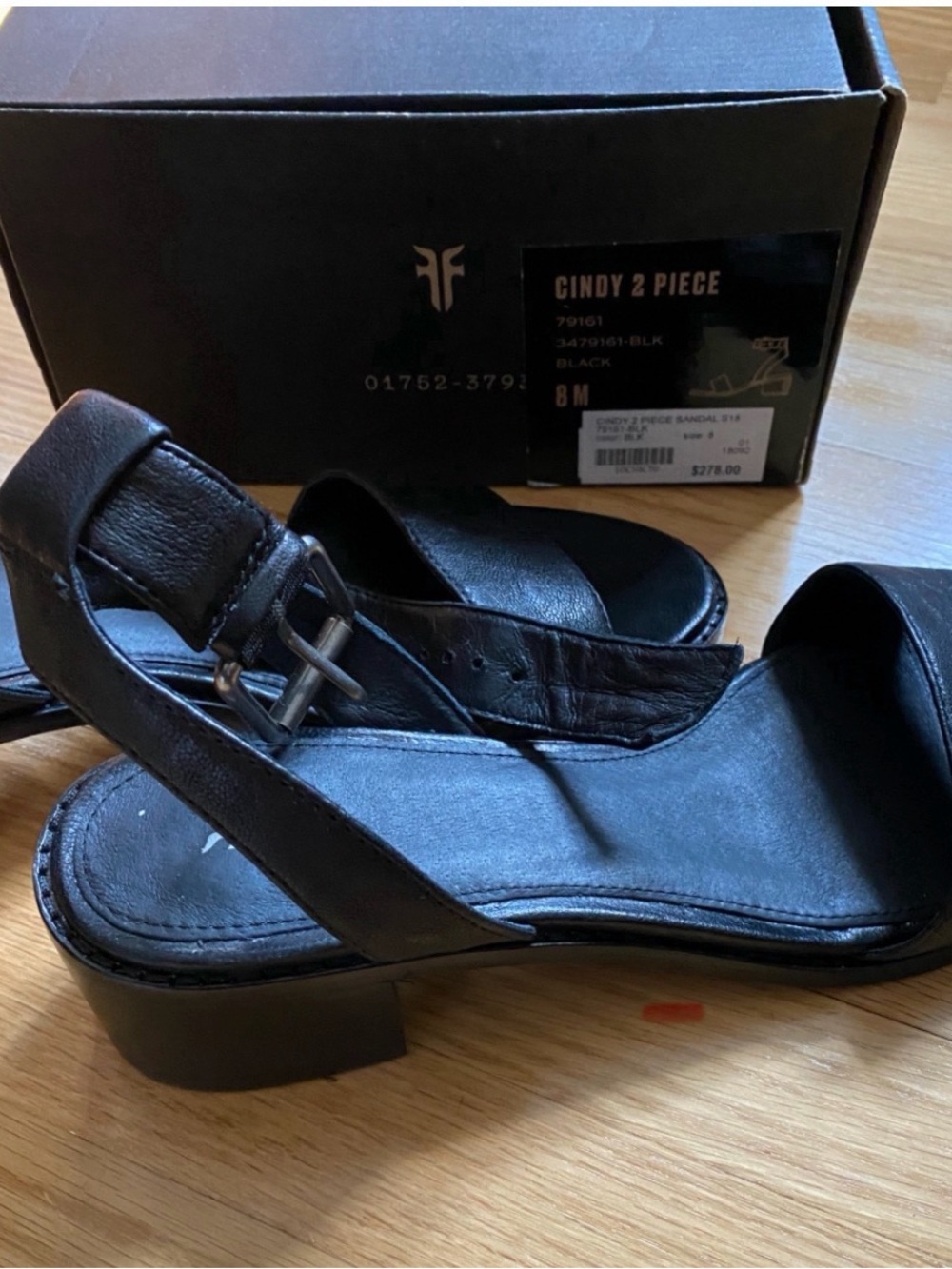 Frye Black Leather Low Block Heel Sandals